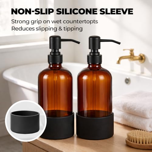 Homepicker 16 oz Hand and Dish Soap Dispenser Set for Kitchen and Bathroom, 500ml Amber Glass Soap Dispenser with Stainless Steel Pump, Non-Slip Silicone Sleeves, Labels - 2 Pack - Image 3