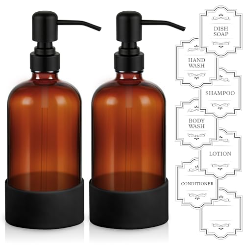 Homepicker 16 oz Hand and Dish Soap Dispenser Set for Kitchen and Bathroom, 500ml Amber Glass Soap Dispenser with Stainless Steel Pump, Non-Slip Silicone Sleeves, Labels - 2 Pack - Image 1