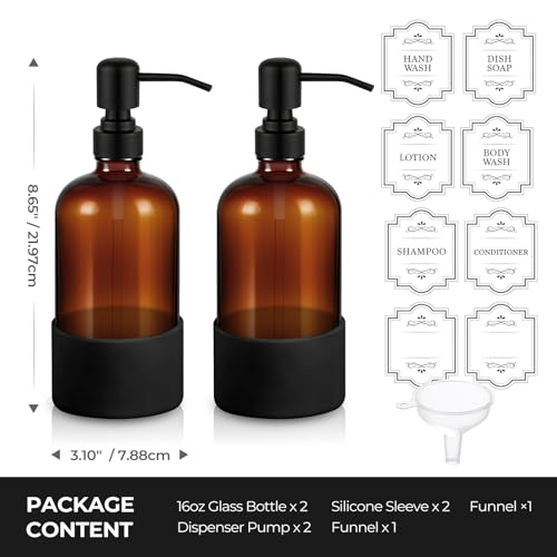 Homepicker 16 oz Hand and Dish Soap Dispenser Set for Kitchen and Bathroom, 500ml Amber Glass Soap Dispenser with Stainless Steel Pump, Non-Slip Silicone Sleeves, Labels - 2 Pack - Image 5