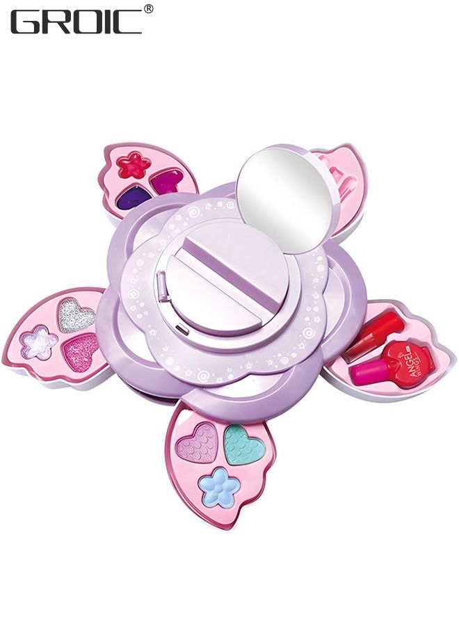 GROIC 16 PCS Kids Makeup Kit Washable Kit, Girl Toys Real Cosmetic Set with Rotating Case, Safe & Non-Toxic Toy Pretend Beauty Portable Flower Box - Image 1