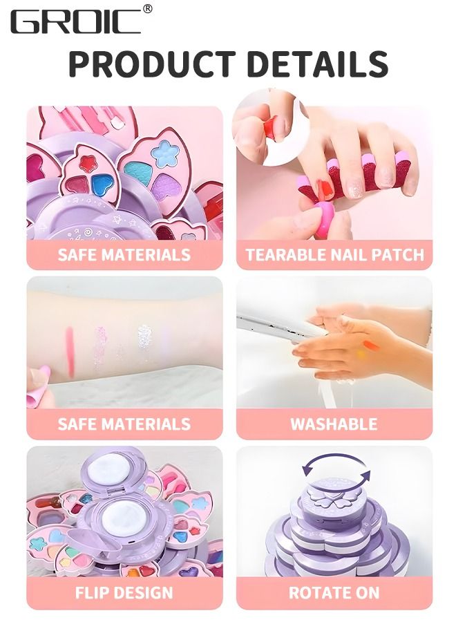 GROIC 16 PCS Kids Makeup Kit Washable Kit, Girl Toys Real Cosmetic Set with Rotating Case, Safe & Non-Toxic Toy Pretend Beauty Portable Flower Box - Image 2