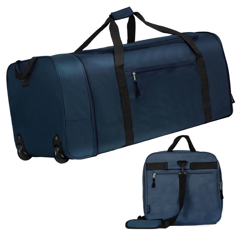 Finnhomy 100L Foldable Rolling Duffel Bag with 2 Wheels, Light Weight Travel Duffel bag with Large Loading Capacity, 32 inch Rolling Duffel bag with Shoulder Strap for Travel Camping Sports, Dark Blue - Image 1