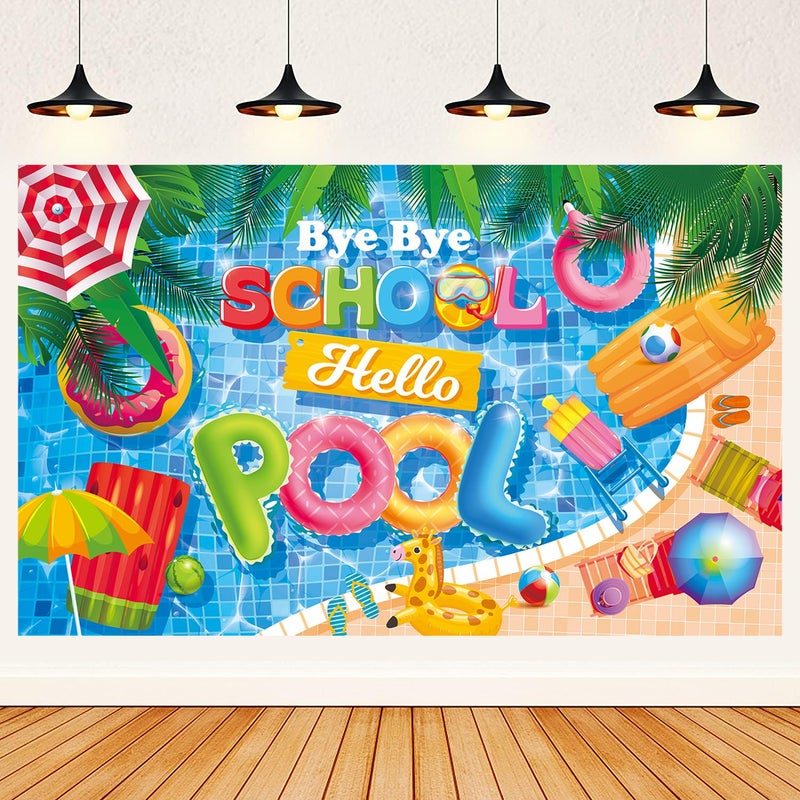 NUTTYBASH Goodbye School Hello Pool Party Decorations, End of School Year Banner Party Decorations, Last Day of School Decorations Pool Party Decorations for Summer Themed Party Supplies 71x44Inch - Image 1