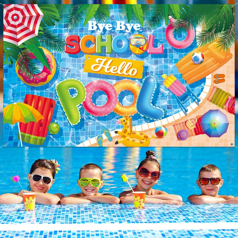 NUTTYBASH Goodbye School Hello Pool Party Decorations, End of School Year Banner Party Decorations, Last Day of School Decorations Pool Party Decorations for Summer Themed Party Supplies 71x44Inch - Image 2
