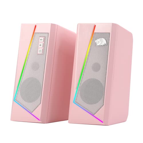 Redragon GS520 RGB Desktop Speakers 20 Channel PC Computer Stereo Speaker with 6 Colorful LED Modes Enhanced Sound and EasyAccess Volume Control USB Powered w 35mm Cable Pink - Image 1