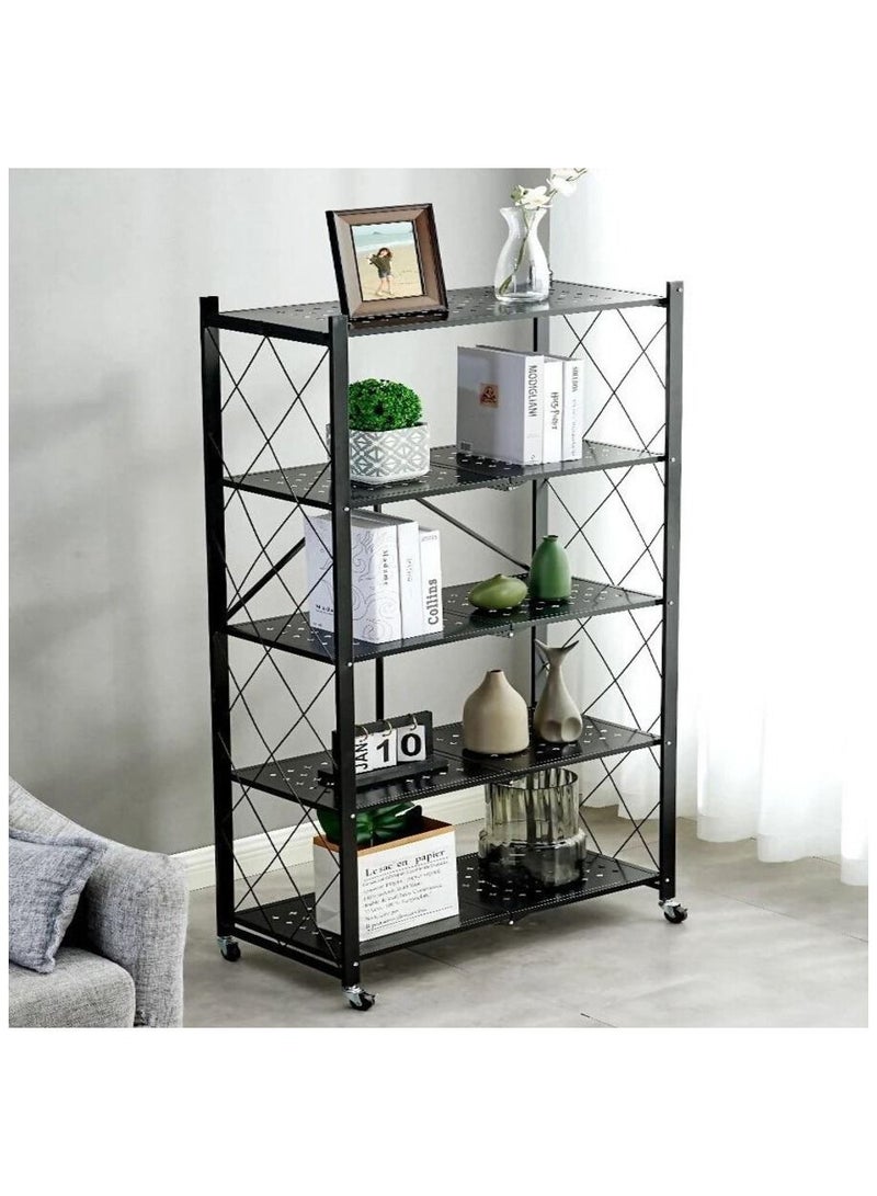 Lady Kitchen 5-Tier Folding Storage Shelf with Swivel Wheels for Living Room Kitchen Office No Assembly Required - black 34x70x163cm - Image 2