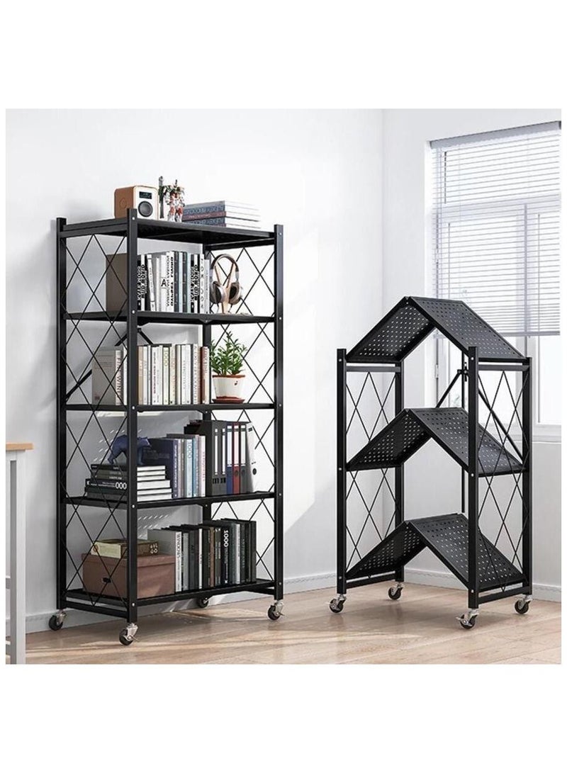 Lady Kitchen 5-Tier Folding Storage Shelf with Swivel Wheels for Living Room Kitchen Office No Assembly Required - black 34x70x163cm - Image 1