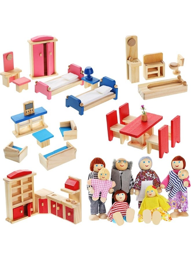 Sumind Wooden Dollhouse Furniture Doll House Furnishings with 8 Pieces Winning Doll Family Set, Dollhouse Accessories for Boys Girls Miniature Dollhouse, Family Figures Imaginative Play Toy (Classic Style) - Image 3