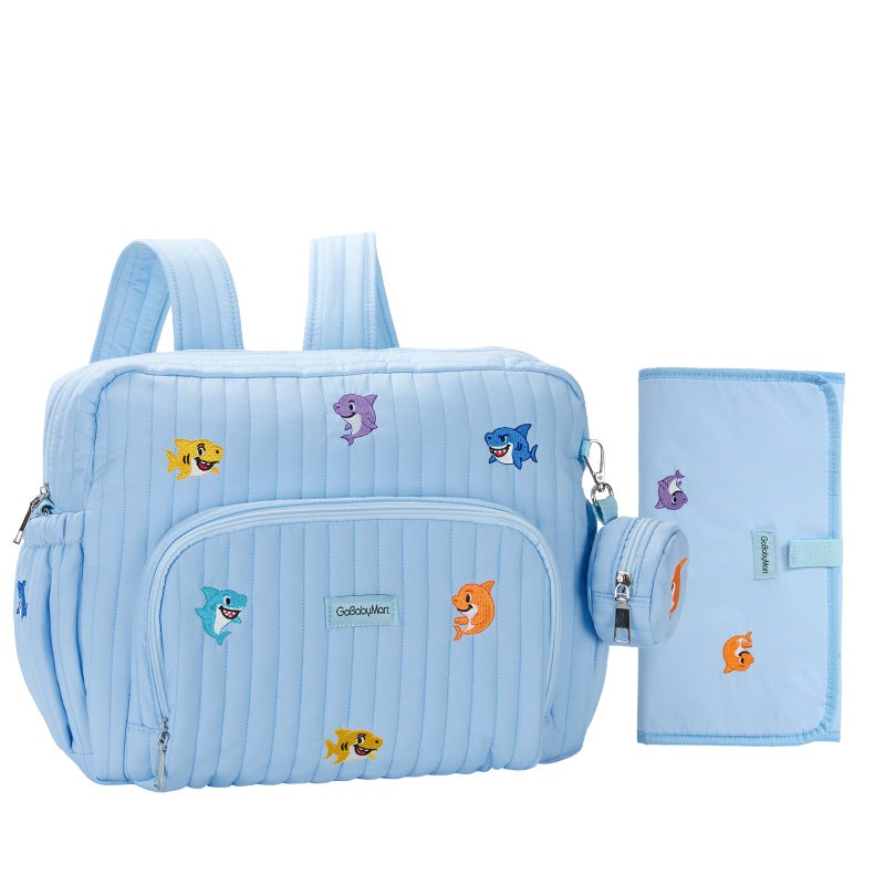 GOBABYMART Diaper Bag Backpack with Changing Pad - Travel Baby Bag, Insulated Bottle Pockets, Stroller Straps (Medium - Blue Sharks) - Image 1