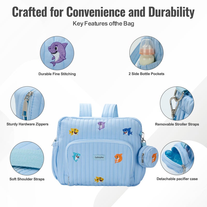 GOBABYMART Diaper Bag Backpack with Changing Pad - Travel Baby Bag, Insulated Bottle Pockets, Stroller Straps (Medium - Blue Sharks) - Image 3