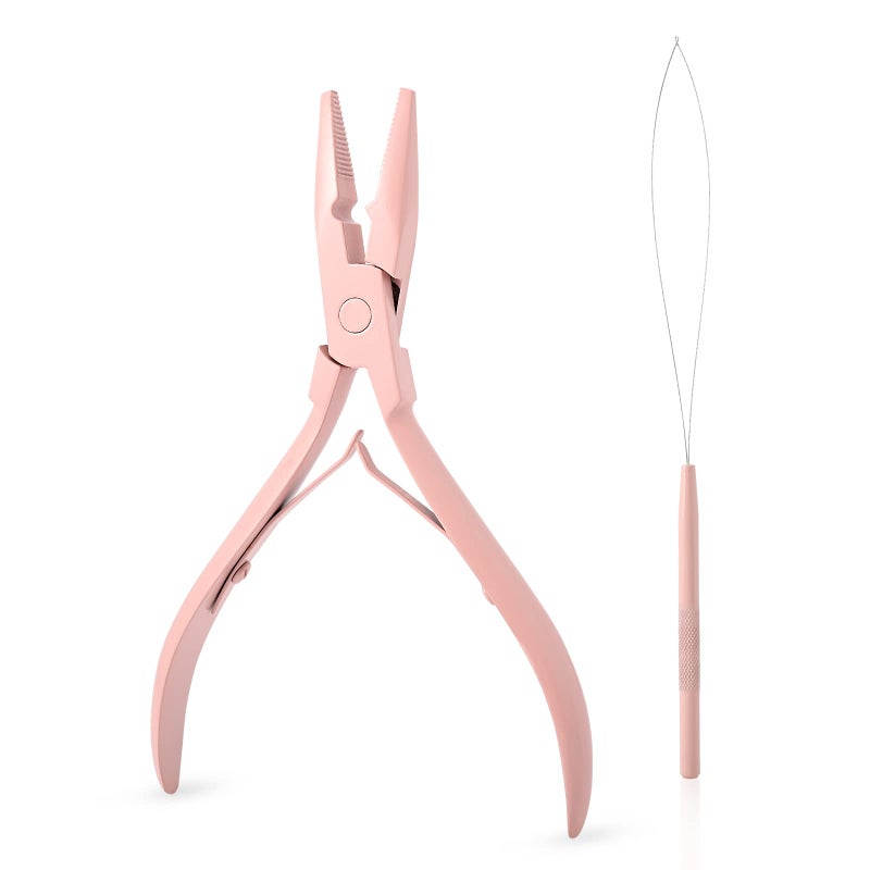 Gomake Hair Extensions Closed and Remover Pliers set Micro Silicone Rings Beads Hair Extensions Loop Needle Threader Pulling Hook Tool and Bead Device Tool for Hair or Feather Extensions Pink