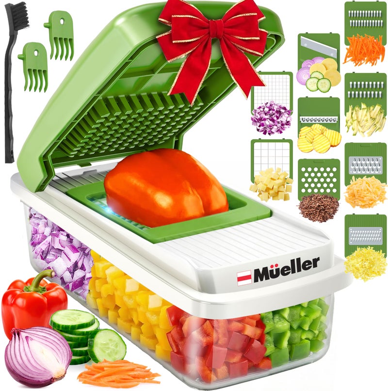Mueller Vegetable Chopper 9 Blade, Mandoline Slicer, Food Veggie Chopper, Cheese Grater, Onion Vegetable Cutter with Container, Dicer, Kitchen Gadgets & Essentials, White Sand/Green - Image 1