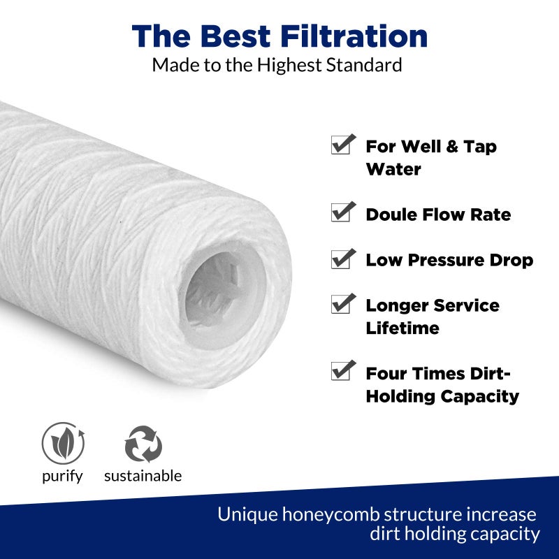 Membrane Solutions 20 Micron 10"x2.5" String Wound Whole House Water Filter Replacement Cartridge Universal Sediment Filters for Well Water - 6 Pack - Image 5