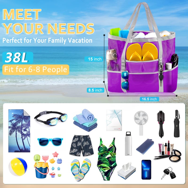 SRISE Mesh Beach Bag - Large Beach Tote Bag for Family Beach Bag for Toys & Vacation Essentials - Purple - Image 2