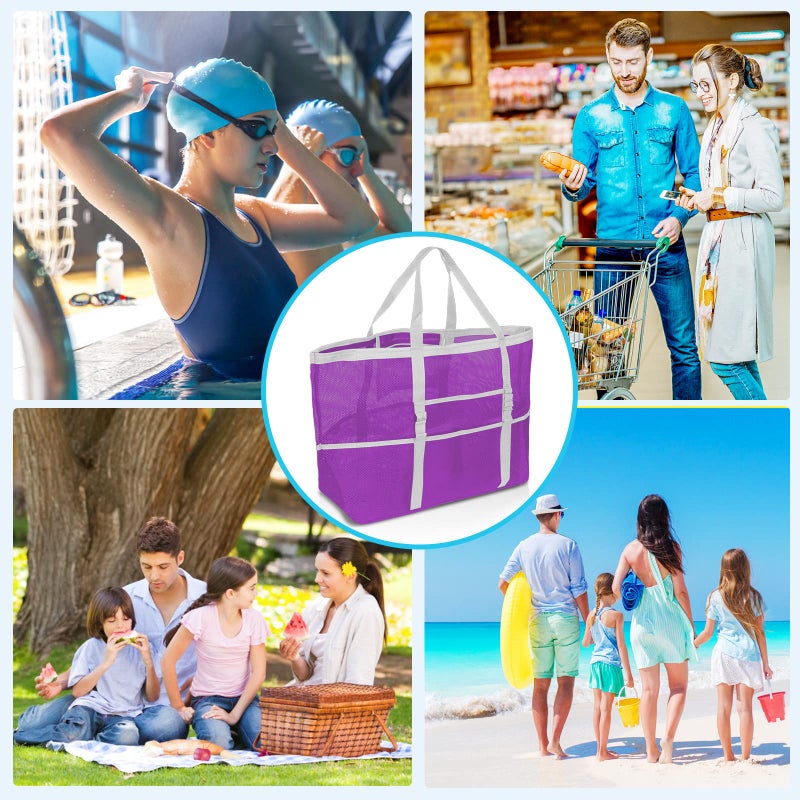 SRISE Mesh Beach Bag - Large Beach Tote Bag for Family Beach Bag for Toys & Vacation Essentials - Purple - Image 5