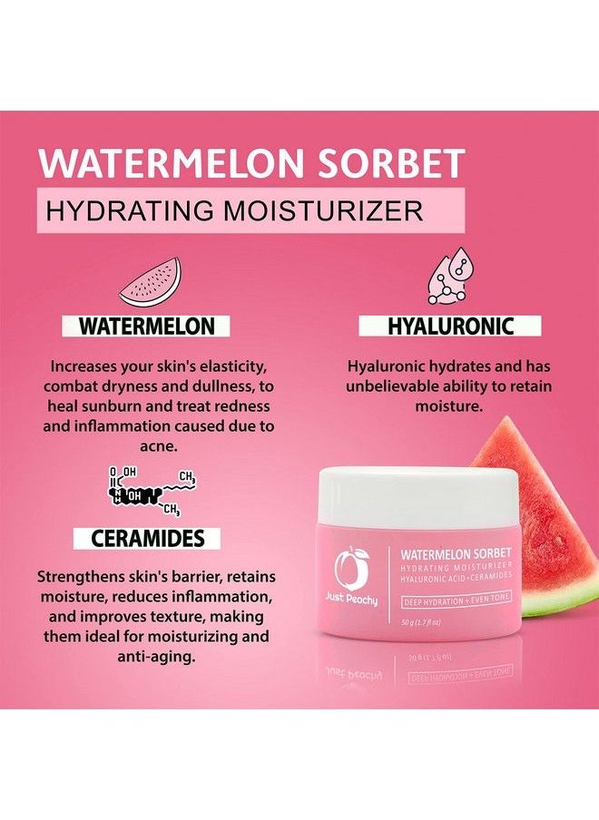 Just Peachy Watermelon Sorbet Hydrating Moisturiser With Hyaluronic Acid Watermelon And Ceramides ; Lightweight ; Hydrates & Plumps Skin ; Non Oily Matte Face Cream For Dull Skin And Dryness 50G  - Image 4