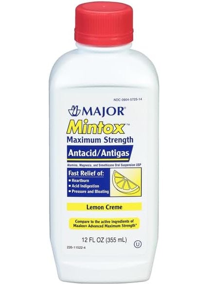 MAJOR MAJOR Mintox Maximum Strength Antacid/Antigas for Fast Relief of Heartburn, Acid Indigestion, Pressure, Bloating - Lemon Creme - 12 Fl Oz (355 mL) 