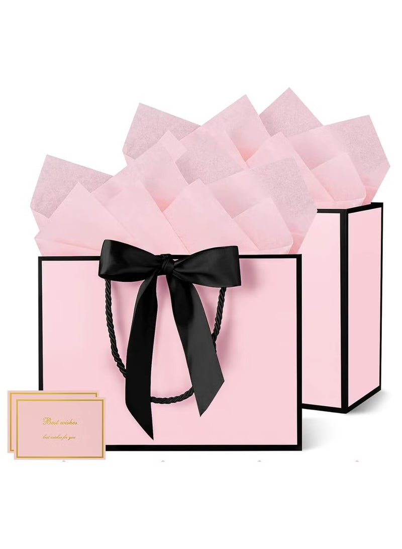 JUE-FISH 2PCS Pink Large Gift Bags, Paper Bags with Ribbon, Greeting Cards and Tissue Paper, Portable Party Bags with Handles, Birthday Gift Bags, Present Bags for Wedding Party, Party Supplies（32*25*11cm） - Image 1