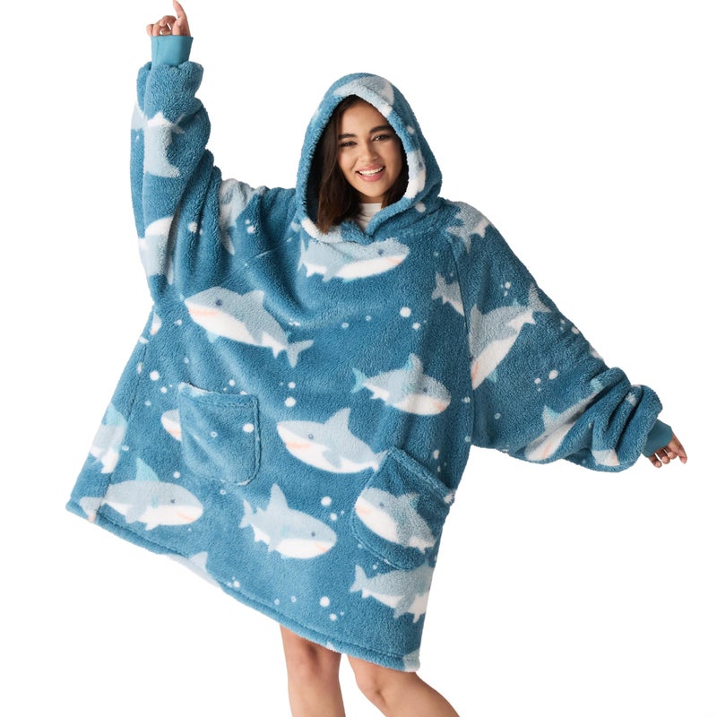 Bedsure Wearable Blanket for Women, Shark Blanket Hoodie Gift, Birthday Gifts for Girlfriend, Wife, Men, Oversized, Shaggy Sherpa Cozy Warm Hooded Sweatshirt With Sleeves, Blue - Image 1