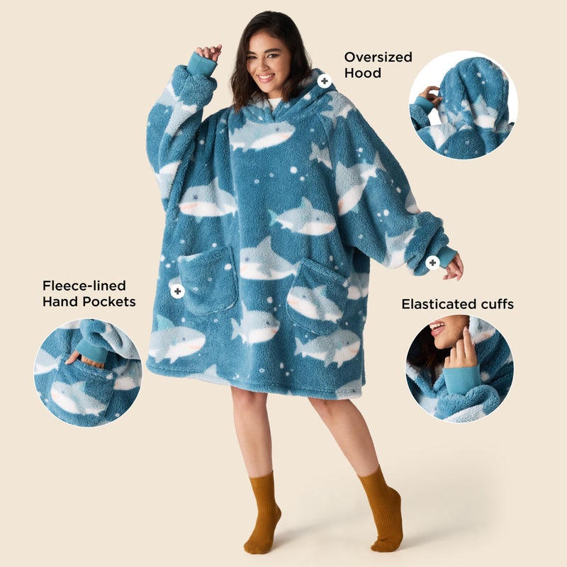 Bedsure Wearable Blanket for Women, Shark Blanket Hoodie Gift, Birthday Gifts for Girlfriend, Wife, Men, Oversized, Shaggy Sherpa Cozy Warm Hooded Sweatshirt With Sleeves, Blue - Image 2
