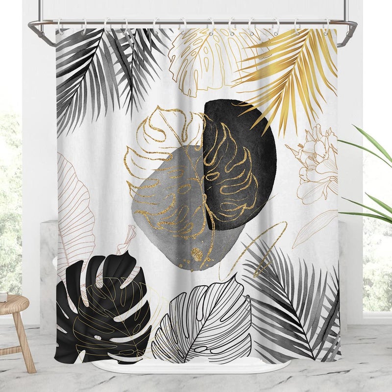 AAtter Black and Gold Leaves Shower Curtain White Leaf Palm Boho Tropiacl Abstract Grey Gray Gild Silver Abstract Plants Botanical Floral Art Elegant Home Bathroom Decor Bathtub Set 60x72 Modern