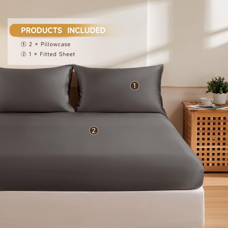 THXSILK Silk King Fitted Sheet 3Pcs Set  6A+ Top Grade 100% Pure Mulberry Silk Bed Sheets Set Luxury Bedding Sheet for Hair and Skin  1 Fitted Sheet with 2 Pillowcases  Charcoal - Image 2