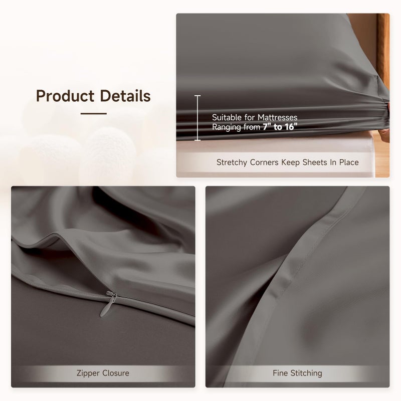 THXSILK Silk King Fitted Sheet 3Pcs Set  6A+ Top Grade 100% Pure Mulberry Silk Bed Sheets Set Luxury Bedding Sheet for Hair and Skin  1 Fitted Sheet with 2 Pillowcases  Charcoal - Image 4