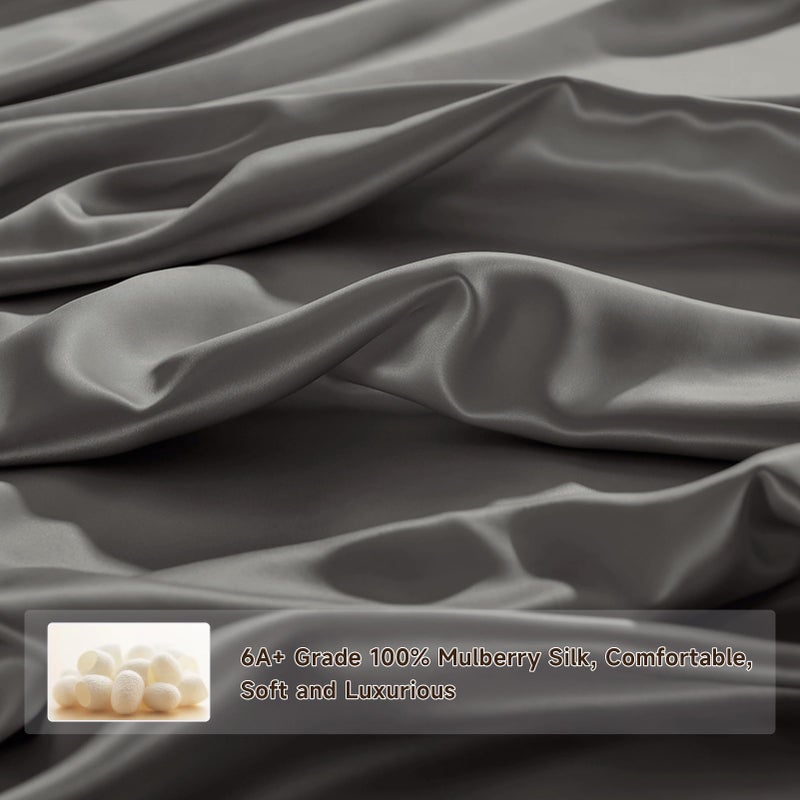 THXSILK Silk King Fitted Sheet 3Pcs Set  6A+ Top Grade 100% Pure Mulberry Silk Bed Sheets Set Luxury Bedding Sheet for Hair and Skin  1 Fitted Sheet with 2 Pillowcases  Charcoal - Image 3