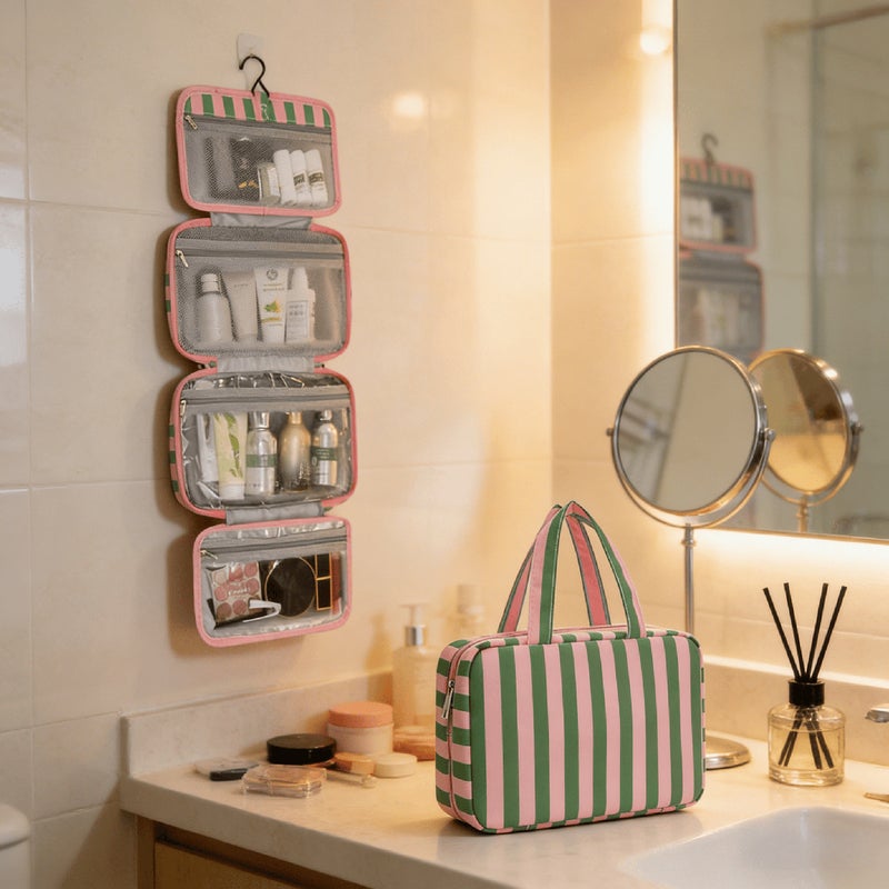 Four-Fold Wet-Dry Separation Travel Wash Bag, Striped Cosmetic Bag, Large Capacity - Image 1