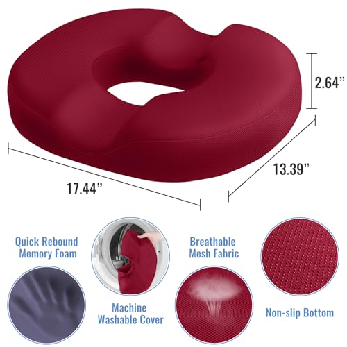CloudBliss Donut Pillow Seat Cushion Chair Pad for Tailbone Pain Relief and Hemorrhoids Memory Foam Seat Chair Cushion for Men and Women for Home Office Red - Image 3