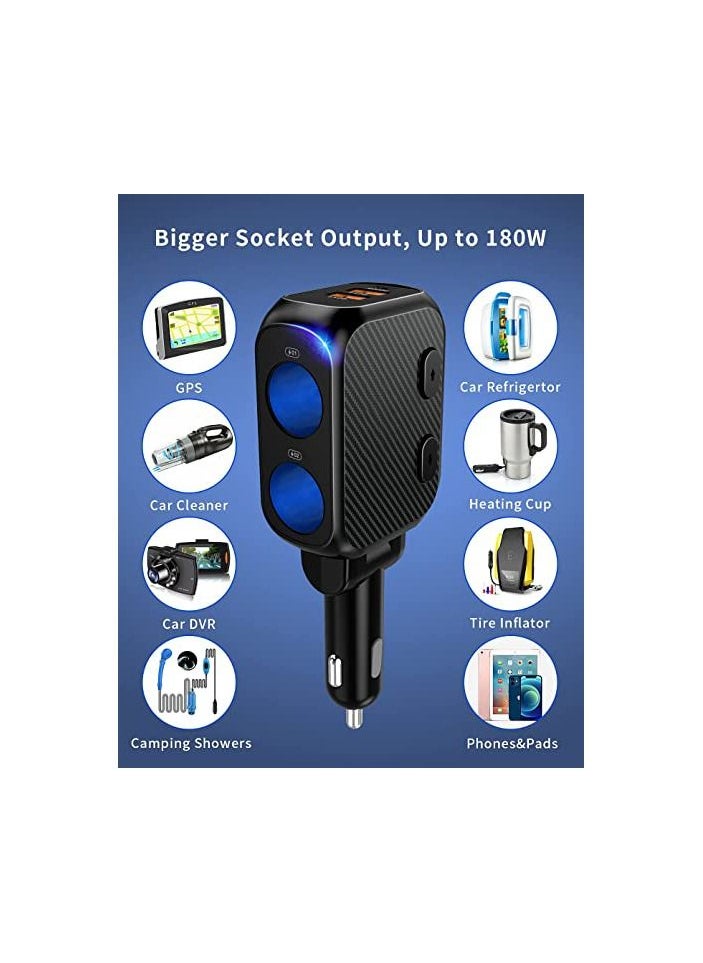SYOSI - Car Charger, 180W Cigarette Lighter, Splitter with 20W PD, 2-Socket Cigarette Lighter Adapter, Fast USB C Car Charger with Type-C 20W PD & QC 3.0 for Dash Cam, GPS, Laptop, Phone - Image 1