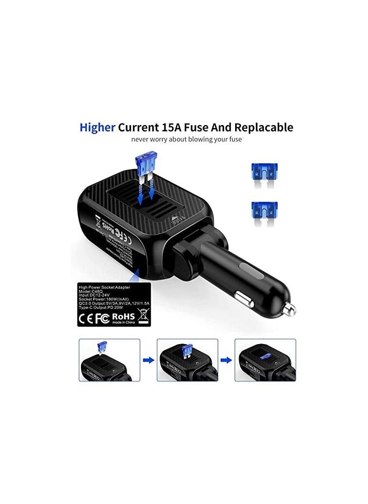 SYOSI - Car Charger, 180W Cigarette Lighter, Splitter with 20W PD, 2-Socket Cigarette Lighter Adapter, Fast USB C Car Charger with Type-C 20W PD & QC 3.0 for Dash Cam, GPS, Laptop, Phone - Image 1