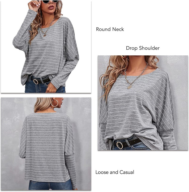 klarako Women Long Sleeve Striped T Shirt Round Neck Casual Loose Blouse Pullover Top Crewneck Tee Shirt for Spring Fall - Image 2