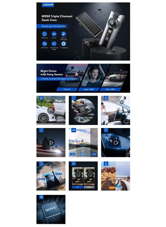 أزدوم ازدوم M550 MAX 3 داش كام ثلاثية القنوات نظام تحديد المواقع واي فاي 5 جيجاهرتز  بطاقة 64 جيجابايت متضمنة، 1440P+1080P+1080P، مزدوج 4K+1080p  3.19 بوصة IPS، رؤية ليلية - Image 5