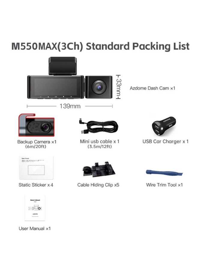 أزدوم - ازدوم M550 MAX 3 داش كام ثلاثية القنوات نظام تحديد المواقع واي فاي 5 جيجاهرتز  بطاقة 64 جيجابايت متضمنة، 1440P+1080P+1080P، مزدوج 4K+1080p  3.19 بوصة IPS، رؤية ليلية - Image 1