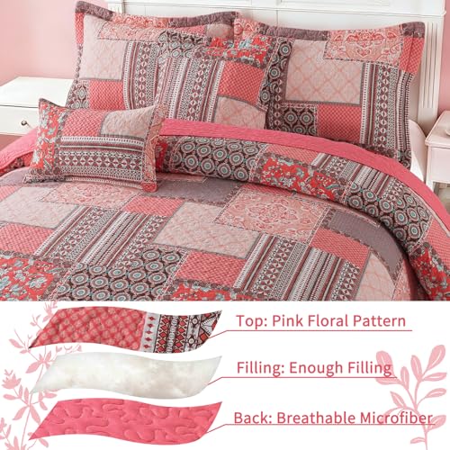 VAPUTAR Cotton King Size Quilt Bedding Sets, Pink King Bedspread Lightweight Quilted Reversible Coverlets Farmhouse 3 Pieces King Quilt Set Suitable for All Seasons Decoration - Image 3