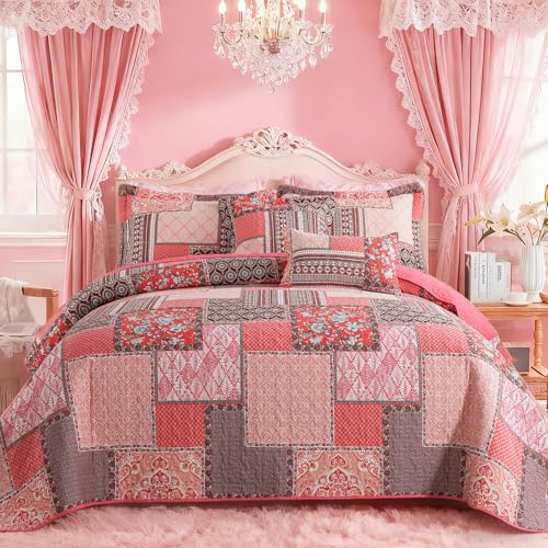 VAPUTAR Cotton King Size Quilt Bedding Sets, Pink King Bedspread Lightweight Quilted Reversible Coverlets Farmhouse 3 Pieces King Quilt Set Suitable for All Seasons Decoration - Image 1