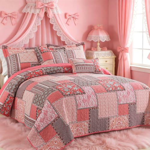 VAPUTAR Cotton King Size Quilt Bedding Sets, Pink King Bedspread Lightweight Quilted Reversible Coverlets Farmhouse 3 Pieces King Quilt Set Suitable for All Seasons Decoration - Image 2