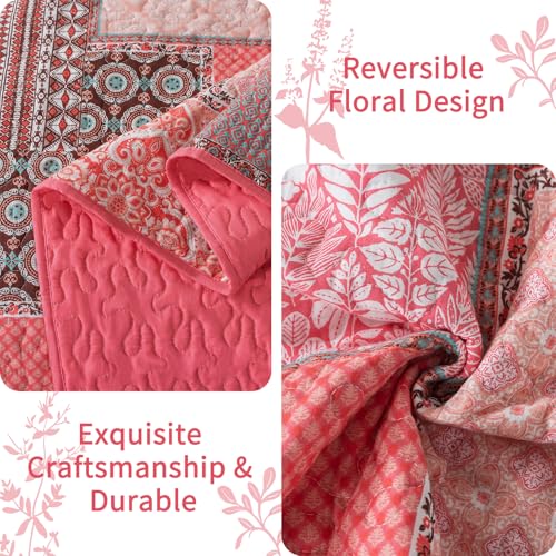 VAPUTAR Cotton King Size Quilt Bedding Sets, Pink King Bedspread Lightweight Quilted Reversible Coverlets Farmhouse 3 Pieces King Quilt Set Suitable for All Seasons Decoration - Image 4