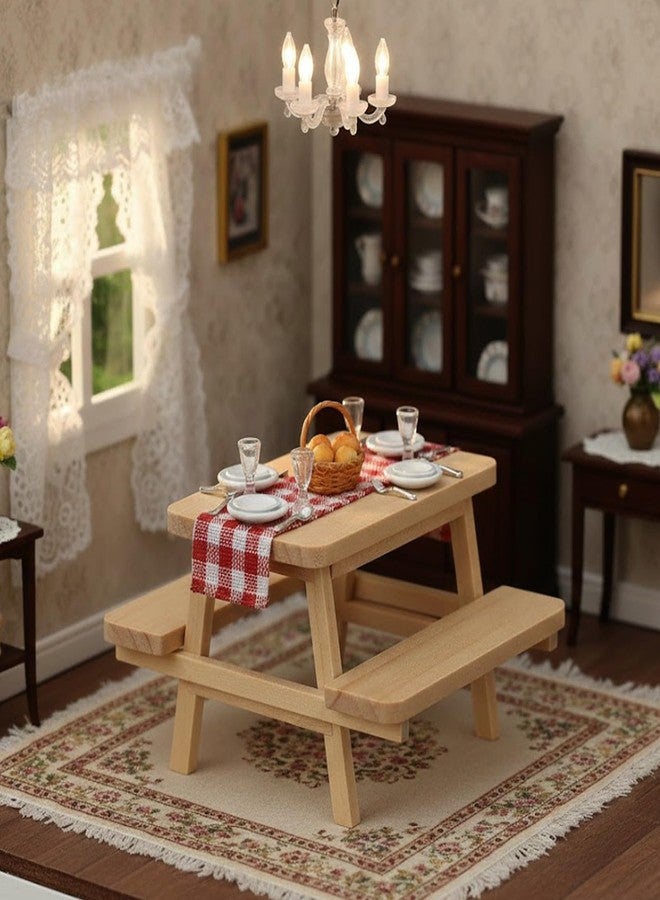 Garneck 2 Mini Wooden Picnic Table and Chairs Set: Dollhouse Khaki Tiny Furniture Prop for Doll Play Photography Prop and Decoration - Image 4