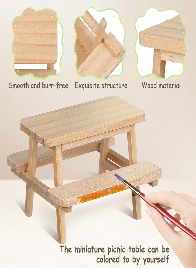 Garneck 2 Mini Wooden Picnic Table and Chairs Set: Dollhouse Khaki Tiny Furniture Prop for Doll Play Photography Prop and Decoration - Image 3