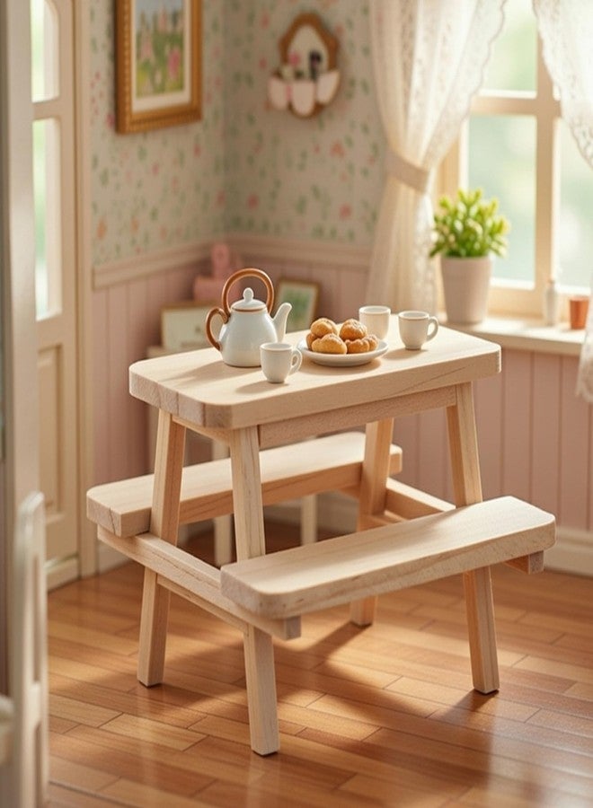 Garneck 2 Mini Wooden Picnic Table and Chairs Set: Dollhouse Khaki Tiny Furniture Prop for Doll Play Photography Prop and Decoration - Image 5