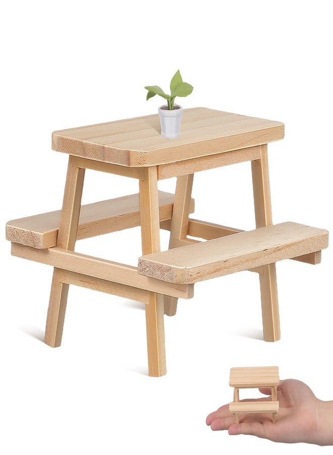 Garneck 2 Mini Wooden Picnic Table and Chairs Set: Dollhouse Khaki Tiny Furniture Prop for Doll Play Photography Prop and Decoration - Image 1