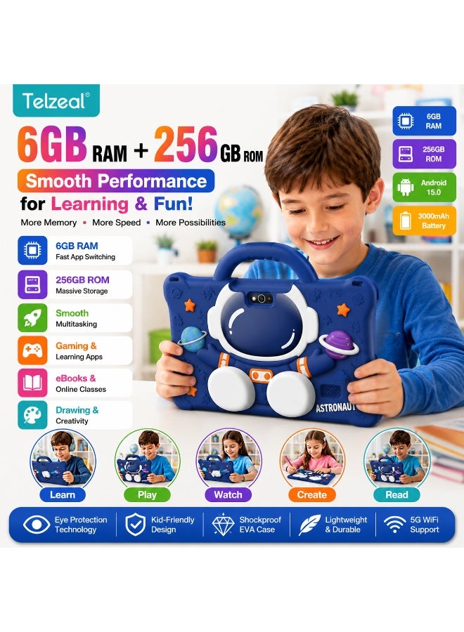 Telzeal تابلت تيلزيال P605 للأطفال 7 بوصة، أندرويد 15، 6GB رام 256GB روم، شاشة HD 1024×600، بطارية 3000mAh، كاميرتان مزدوجتان، واي فاي 5G، جراب EVA مقاوم للصدمات ثلاثي الأبعاد مع مقبض، أزرق - Image 3