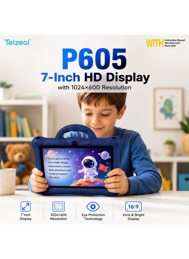 Telzeal تابلت تيلزيال P605 للأطفال 7 بوصة، أندرويد 15، 6GB رام 256GB روم، شاشة HD 1024×600، بطارية 3000mAh، كاميرتان مزدوجتان، واي فاي 5G، جراب EVA مقاوم للصدمات ثلاثي الأبعاد مع مقبض، أزرق - Image 2