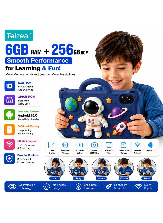 Telzeal تابلت تيلزيال P605 للأطفال 7 بوصة، أندرويد 15، 6GB رام 256GB روم، شاشة HD 1024×600، بطارية 3000mAh، كاميرتان مزدوجتان، واي فاي 5G، جراب EVA مقاوم للصدمات ثلاثي الأبعاد مع مقبض، أزرق - Image 4