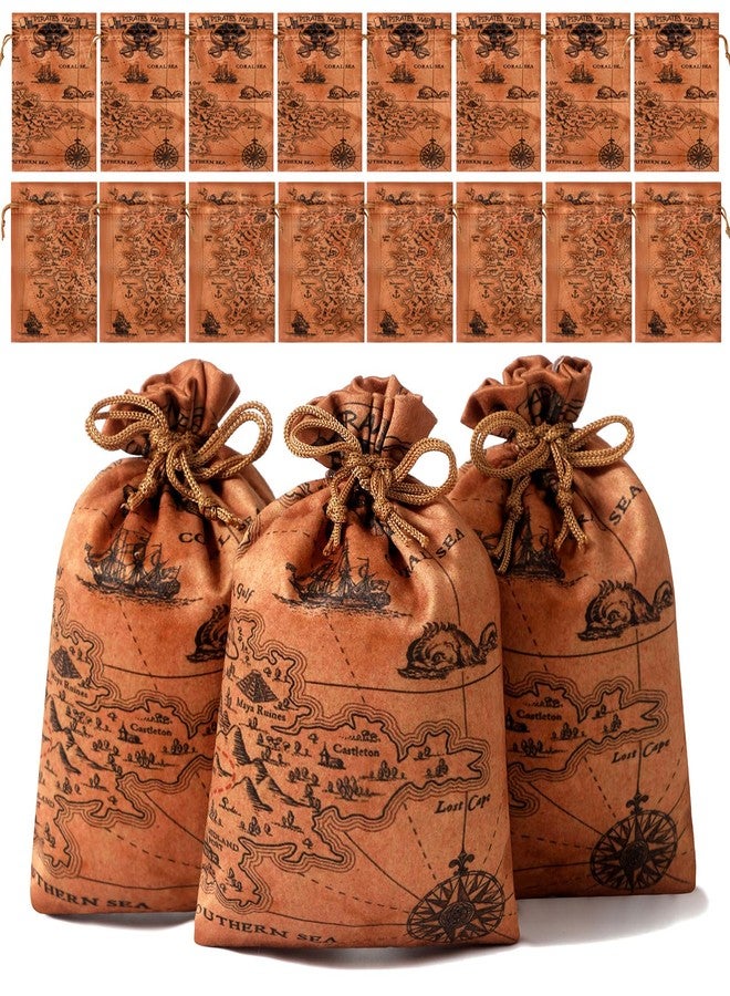 RICHNESS 16pcs Pirate Party Favor Bags Treasure Map Bag with Drawstring Closure Satin Party Loot Bags 4.5X6 Inches Goodie Bags - Image 1