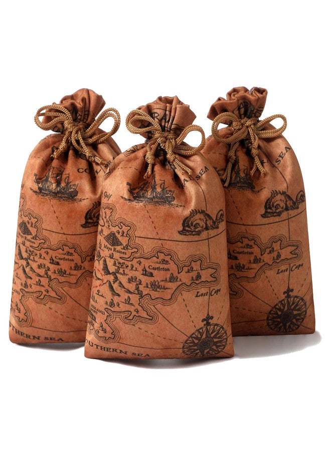 RICHNESS 16pcs Pirate Party Favor Bags Treasure Map Bag with Drawstring Closure Satin Party Loot Bags 4.5X6 Inches Goodie Bags - Image 2