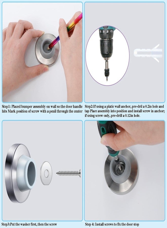 Pangda Concave Wall Door Bumper Stop Silver Stainless Steel Wall Door Bumper with 1-1/8 Inch Gray Round Rubber Protector Stops(Silver,4 Pieces) - Image 4