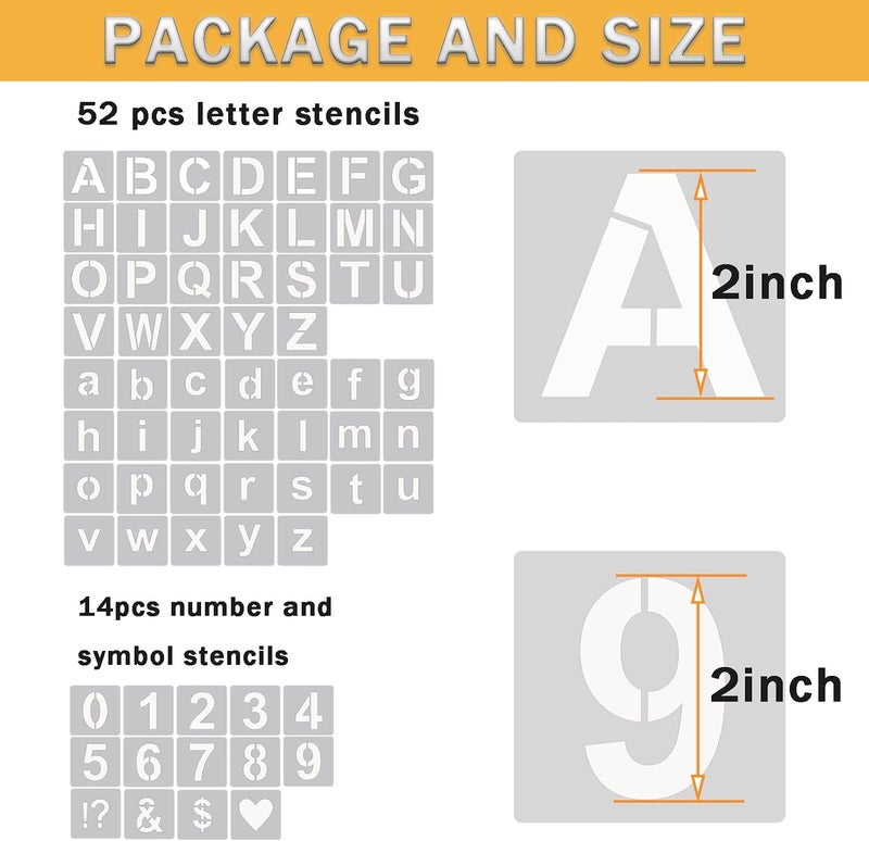 YEAJON 2 Inch Letter Stencils Symbol Numbers Craft Stencils, 66 Pcs Reusable Plastic Alphabet Templates for Painting on Wood, Wall, Fabric, Rock, Glass, Signage (2 Inch) - Image 2